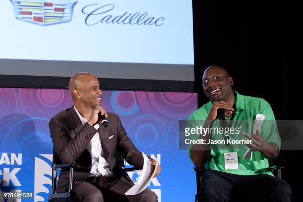 Dondre Whitfield and Sylvester K. Folks speak on stage during the American Black Film Festival - Celebrity Scene Stealers Presented By TV One at...