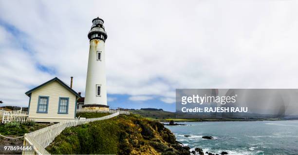 lighthouse by sea, pigeon point lighthouse, cabrillo, california, usa - pescadero stock pictures, royalty-free photos & images