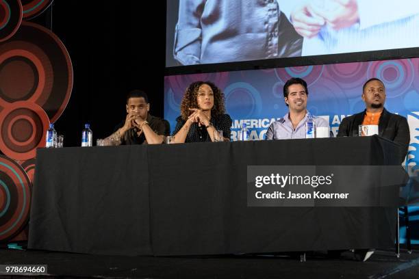 Tristan "Mack" Wilds, Chaley Rose, Chris Diaz and Hosea Chanchez speak on stage during the American Black Film Festival - Celebrity Scene Stealers...