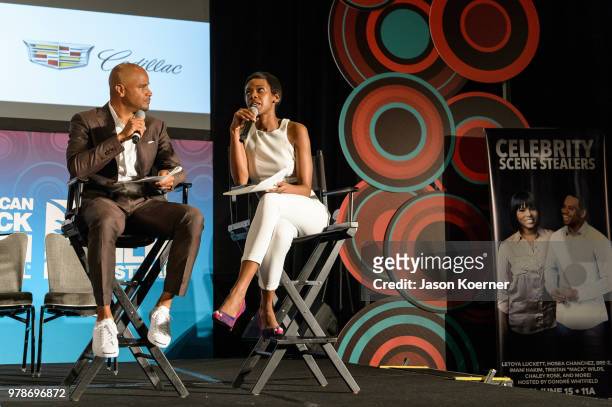 Dondre Whitfield and Fedna Jacquet speak on stage during the American Black Film Festival - Celebrity Scene Stealers Presented By TV One at Loews...