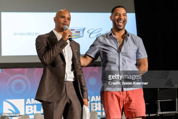 Dondre Whitfield and Angelo Diaz on stage during the American Black Film Festival - Celebrity Scene Stealers Presented By TV One at Loews Miami Beach...