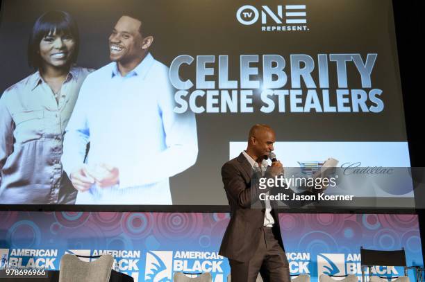 Dondre Whitfield speaks on stage during the American Black Film Festival - Celebrity Scene Stealers Presented By TV One at Loews Miami Beach Hotel on...