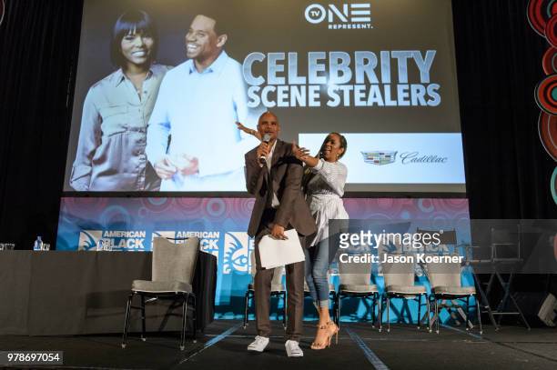Dondre Whitfield and LeToya Luckett on stage during the American Black Film Festival - Celebrity Scene Stealers Presented By TV One at Loews Miami...