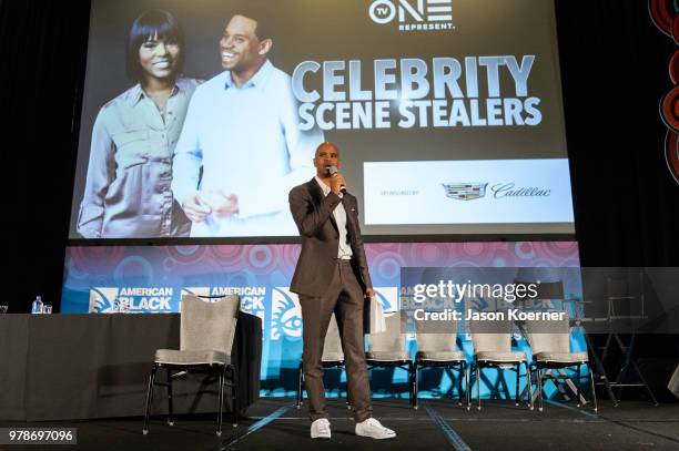 Dondre Whitfield speaks on stage during the American Black Film Festival - Celebrity Scene Stealers Presented By TV One at Loews Miami Beach Hotel on...