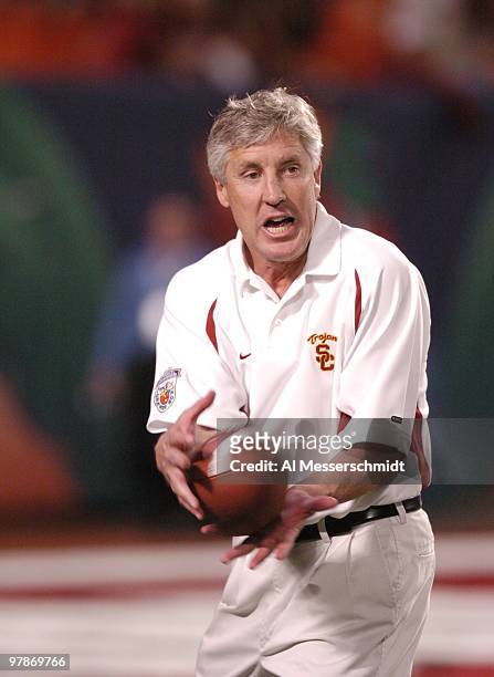 Head Coach Pete Carroll during warm-ups at the FedEx Orange Bowl National Championship at Pro Player Stadium in Miami, Florida on January 4, 2005.