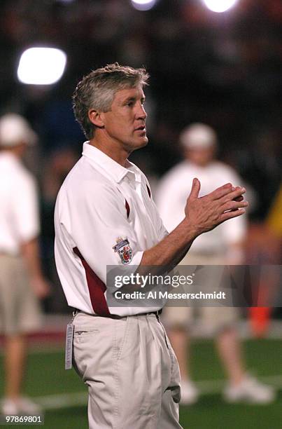 Head Coach Pete Carroll during warm-ups at the FedEx Orange Bowl National Championship at Pro Player Stadium in Miami, Florida on January 4, 2005.