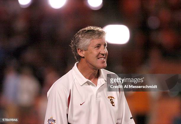 Head Coach Pete Carroll during warm-ups at the FedEx Orange Bowl National Championship at Pro Player Stadium in Miami, Florida on January 4, 2005.