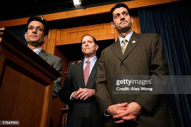 House Minority Whip Rep. Eric Cantor , Rep. Dave Camp and Rep. Paul Ryan listen during a news conference on the health care legislation March 19,...