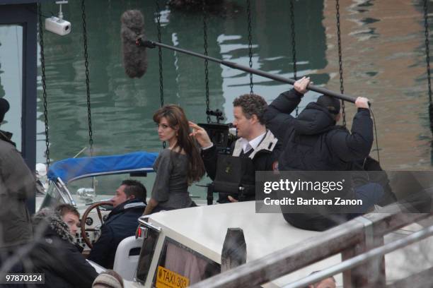 Actress Angelina Jolie and director Florian Henckel von Donnersmarck are seen on location at the Arsenale filming " The Tourist" on on March 19, 2010...