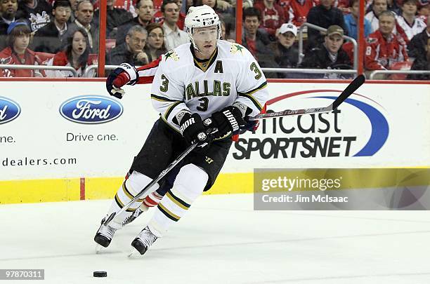 Stephane Robidas of the Dallas Stars skates against the Washington Capitals on March 8, 2010 at the Verizon Center in Washington, DC. The Stars...