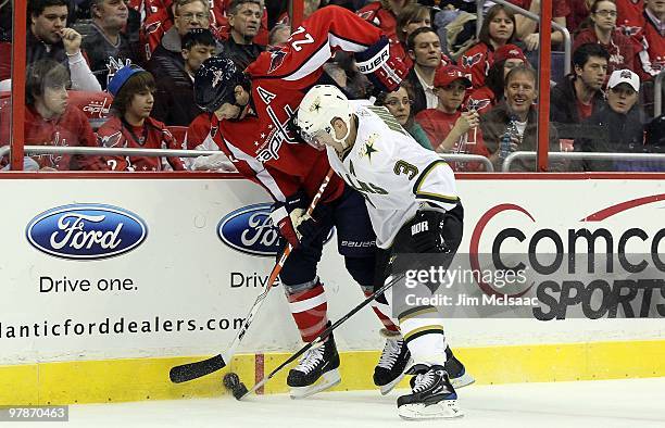 Stephane Robidas of the Dallas Stars skates against Mike Knuble of the Washington Capitals on March 8, 2010 at the Verizon Center in Washington, DC....