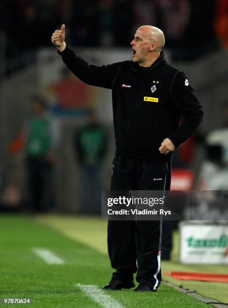 Moenchengladbach head coach Michael Frontzeck gestures during the Bundesliga match between 1. FC Koeln and Borussia Moenchengladbach at RheinEnergie...