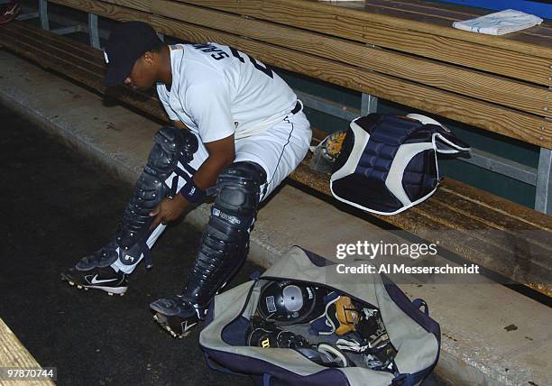 Lakeland Tigers catcher Danilo Sanchez dons his gear for the Florida State League All-Star game, June 18 Bright House Field, Clearwater, Florida.