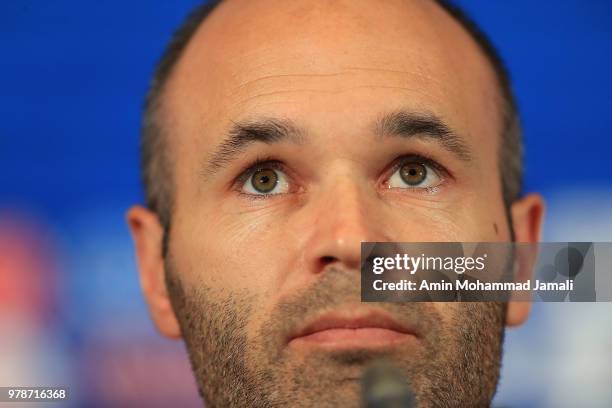 Andres Iniesta of Spain looks on during a press Conference before match 18 Between Iran & Spain at Kazan Arena on June 19, 2018 in Kazan, Russia.