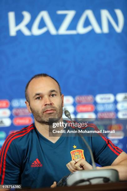 Andres Iniesta of Spain looks on during a press Conference before match 18 Between Iran & Spain at Kazan Arena on June 19, 2018 in Kazan, Russia.