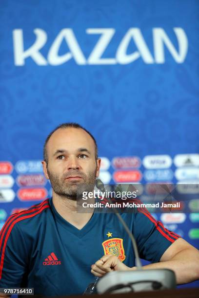 Andres Iniesta of Spain looks on during a press Conference before match 18 Between Iran & Spain at Kazan Arena on June 19, 2018 in Kazan, Russia.