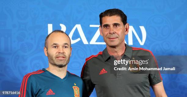 Andres Iniesta of Spain and head coach of Spain Fernando Hierro looks on during a press Conference before match 18 Between Iran & Spain at Kazan...