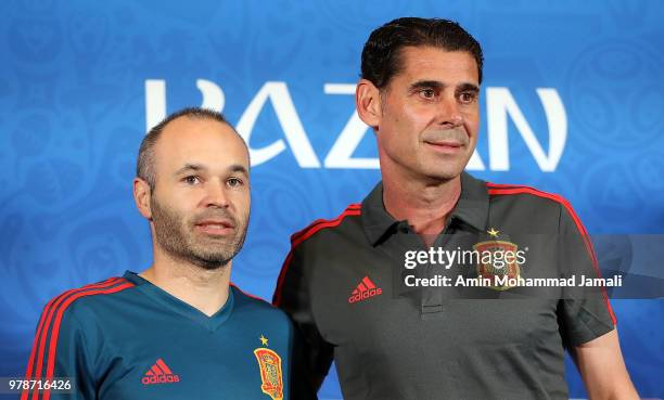 Andres Iniesta of Spain and head coach of Spain Fernando Hierro looks on during a press Conference before match 18 Between Iran & Spain at Kazan...