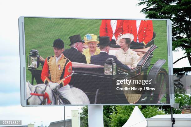 General view of the video screen in the Parade ring as Queen Elizabeth II and Princess Anne, Princess Royal arrive on day 1 of Royal Ascot at Ascot...