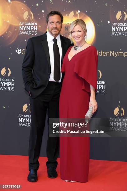 Thorsten Kaye and Katherine Kelly Lang attend the closing ceremony and Golden Nymph awards of the 58th Monte Carlo TV Festival on June 19, 2018 in...