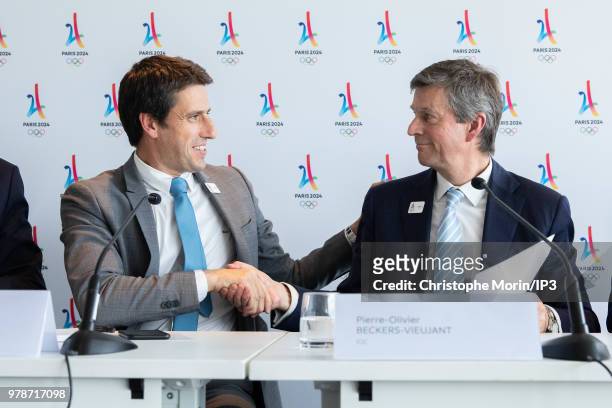 Tony Estanguet , President of Paris 2024, and Pierre-Olivier Beckers-Vieujant , President of the Coordination Commission of the Games, attend the...