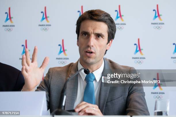 Tony Estanguet, President of Paris 2024, attends the press conference to make a point on the organization of the Olympic Games in Paris in 2024, on...