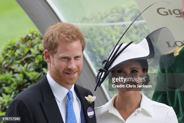 Meghan, Duchess of Sussex and Prince Harry, Duke of Sussex attend the prize ceremony of Royal Ascot Day 1 at Ascot Racecourse on June 19, 2018 in...