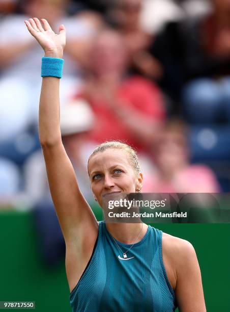 Petra Kvitova of The Czech Republic celebrates winning her first round match against Johanna Konta of Great Britain on Day Four of the Nature Valley...