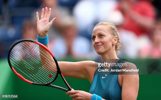 Petra Kvitova of The Czech Republic celebrates winning her first round match against Johanna Konta of Great Britain on Day Four of the Nature Valley...
