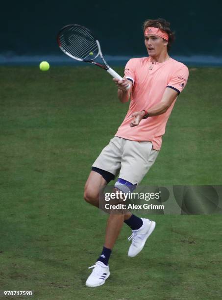 Alexander Zverev of Germany in action during his first round match against Borna Coric of Croatia during day 2 of the Gerry Weber Open at Gerry Weber...