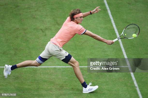 Alexander Zverev of Germany in action during his first round match against Borna Coric of Croatia during day 2 of the Gerry Weber Open at Gerry Weber...