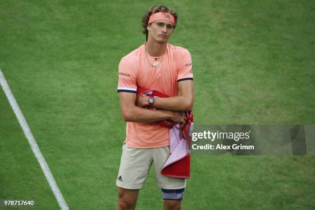 Alexander Zverev of Germany reacts during his first round match against Borna Coric of Croatia during day 2 of the Gerry Weber Open at Gerry Weber...