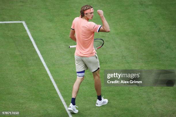 Alexander Zverev of Germany reacts during his first round match against Borna Coric of Croatia during day 2 of the Gerry Weber Open at Gerry Weber...