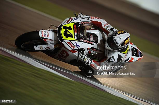 Randy De Puniet of France and LCR Honda MotoGP rounds the bend during the third day of testing at Losail Circuit on March 19, 2010 in Doha, Qatar.