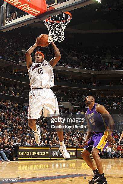 Tyrus Thomas of the Charlotte Bobcats grabs a rebound against the Los Angeles Lakers during the game on March 5, 2010 at the Time Warner Cable Arena...