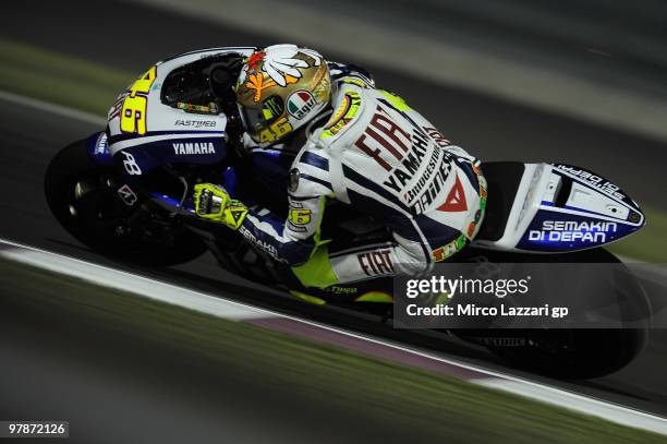 Valentino Rossi of Italy and Fiat Yamaha Team rounds the bend during the third day of testing at Losail Circuit on March 19, 2010 in Doha, Qatar.