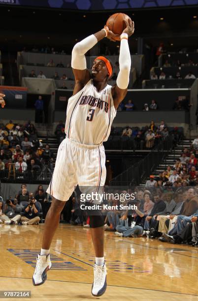 Gerald Wallace of the Charlotte Bobcats takes a jump shot against the Los Angeles Lakers during the game on March 5, 2010 at the Time Warner Cable...