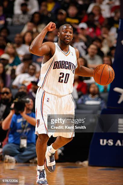 Raymond Felton of the Charlotte Bobcats moves the ball against the Los Angeles Lakers during the game on March 5, 2010 at the Time Warner Cable Arena...