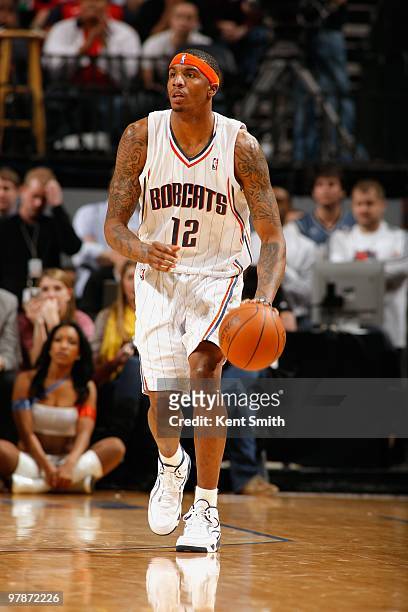 Tyrus Thomas of the Charlotte Bobcats moves the ball against the Los Angeles Lakers during the game on March 5, 2010 at the Time Warner Cable Arena...
