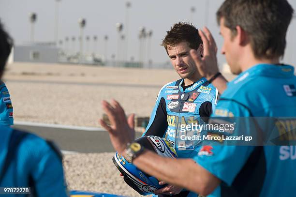 Alvaro Bautista of Spain of Italy and Rizla Suzuki MotoGP looks on during the third day of testing at Losail Circuit on March 19, 2010 in Doha, Qatar.