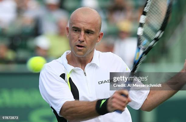 Ivan Ljubicic hits a return to David Nalbandian in the men's semifinals of the 2006 NASDAQ-100 Open at Crandoon Park Tennis Center in Key Biscayne,...