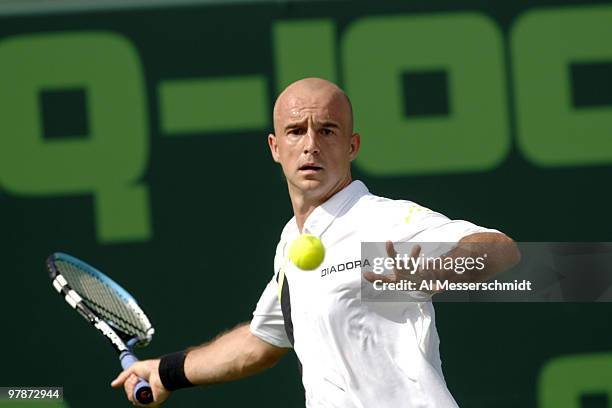 Ivan Ljubicic hits a return to David Nalbandian in the men's semifinals of the 2006 NASDAQ-100 Open at Crandoon Park Tennis Center in Key Biscayne,...