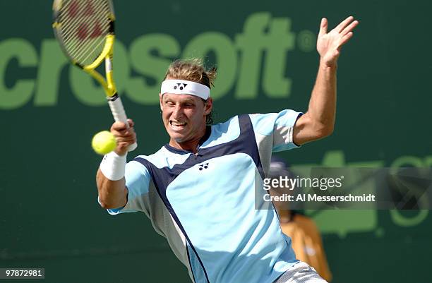 David Nalbandian hits a return to Ivan Ljubicic in the men's semifinals of the 2006 NASDAQ-100 Open at Crandoon Park Tennis Center in Key Biscayne,...
