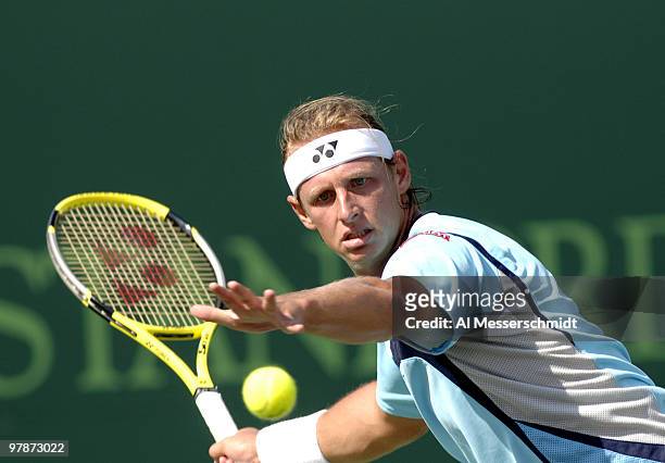 David Nalbandian hits a return to Ivan Ljubicic in the men's semifinals of the 2006 NASDAQ-100 Open at Crandoon Park Tennis Center in Key Biscayne,...