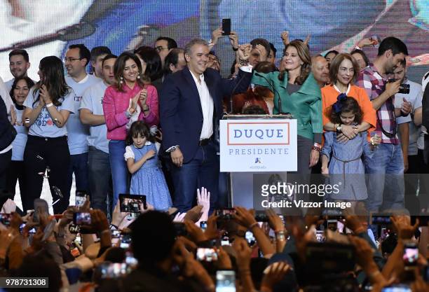 Elected President of Colombia Ivan Duque gestures with elected vicepresident Martha Lucia Ramirez after winning the presidential ballotage against...