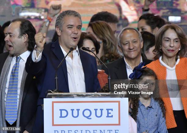 Elected President of Colombia Ivan Duque gestures after winning the presidential ballotage against leftist Gustavo Petro on June 17, 2018 in Bogota,...