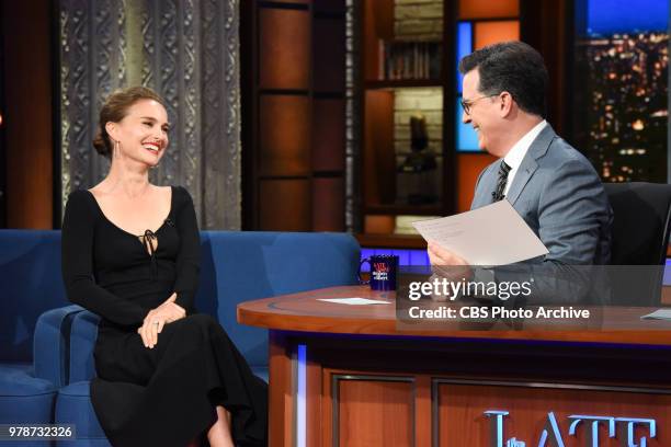 The Late Show with Stephen Colbert and guest Natalie Portman during Thursday's June 14, 2018 show.