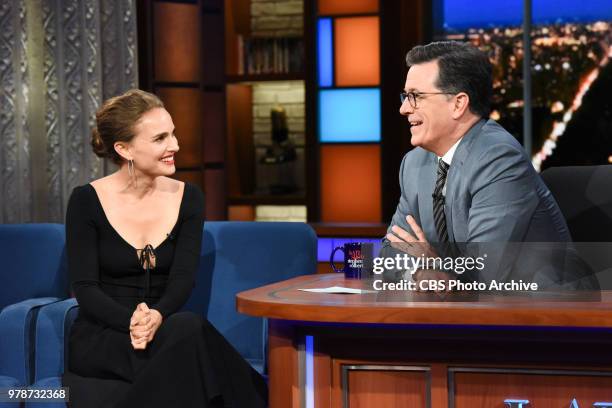 The Late Show with Stephen Colbert and guest Natalie Portman during Thursday's June 14, 2018 show.