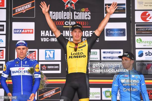 Second place Dutch Fabio Jakobsen of Quick-Step Floors, winner Dutch Danny van Poppel of Team LottoNL-Jumbo and third place Belgian Sean De Bie of...