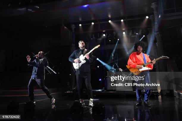 The Late Show with Stephen Colbert and guest Alt-J featuring Pusha T and Twin Shadow during Thursday's June 14, 2018 show.